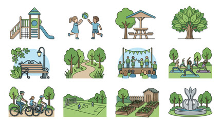 Creative Illustrated Collection of Playful Park and Community Activities with Children and Adults in Green Themed Scenes © Bambang