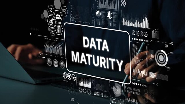Conceptual Illustration of Data Maturity Framework with Modern Analytics Interface and Digital Charts for Business Growth Strategies. Asymptotic smart data analytic.