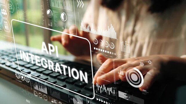 Hands typing on keyboard with digital graphics showing data and API integration concept in modern office environment. Asymptotic smart data analytic.