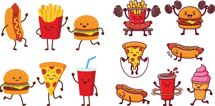 Cute Cartoon Fast Food Characters Set Doing Fitness Workout and Gym Exercises for Creative Designs