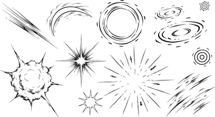 Collection of hand-drawn comic book style explosion and impact effects on white background © RED BEIGE