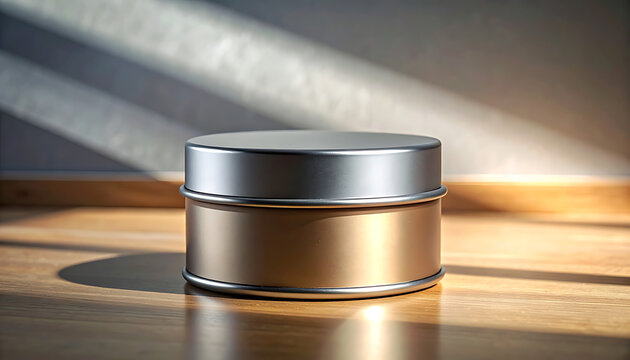Shiny Metal Cosmetic Tin Container Closeup.