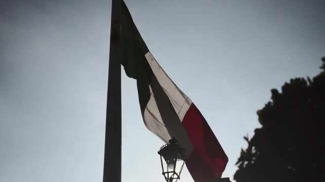 Mexican flag waving on a flagpole beside a street lamp, backlit against a pale sky with dark tree silhouettes.