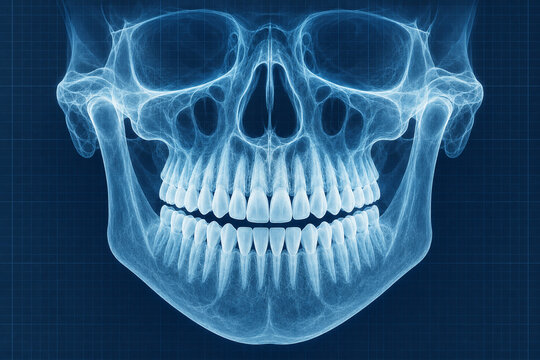 Front-facing human teeth x-ray illustration showing complete dental arches, roots, jawbone, and temporomandibular joints with a clean cyan radiographic effect for dental and healthcare concepts.
