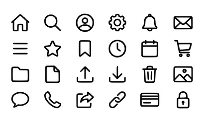 Fototapeta premium Title: Modern Essential User Interface Outline Icons Collection on White Background