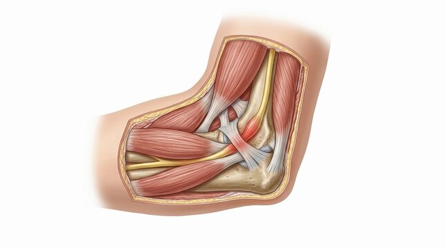 Human elbow joint anatomy showing nerve and muscle detail