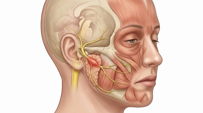Profile view of human facial anatomy with parotid gland