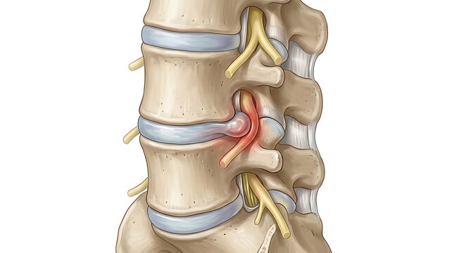 Close up of human vertebrae with herniated spinal disc