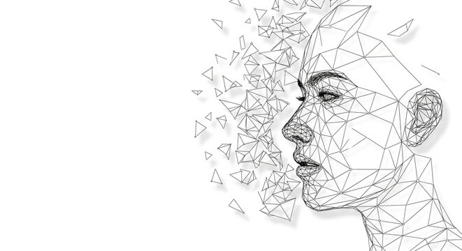 Disintegrating polygonal human face with geometric shapes