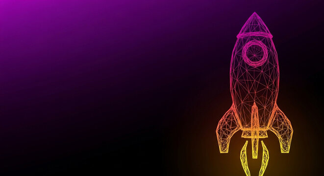 Geometric rocket ship launching into vibrant purple and orange gradient