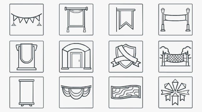 Industrial Minimalist Line Drawing Icons Set of Wedding and Event Decorations in Monochrome with high quality professional line art symbols for modern creative design and digital branding projects