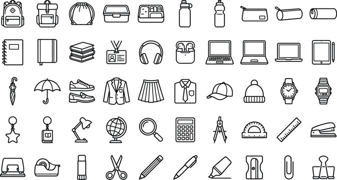 Collection Of School And Office Line Icons On White Background