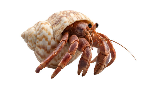 A detailed view of a hermit crab emerging from its adopted shell on black background