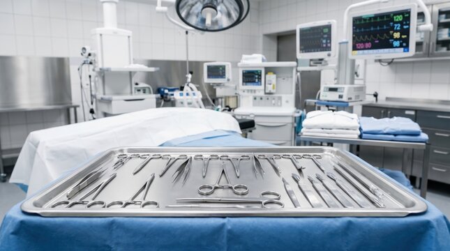 Sterile surgical instruments on metal tray in modern operating room, ready for medical procedure with anesthesia monitors and lights in background