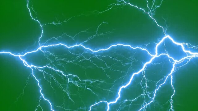 Electric blue lightning bolts and energy discharges pulsing against a bright green screen background for visual effects compositing