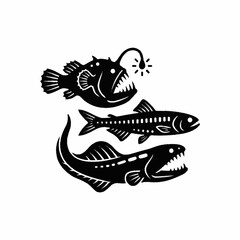 Naklejka premium Three Deep Sea Anglerfish and Other Marine Creatures Silhouettes.