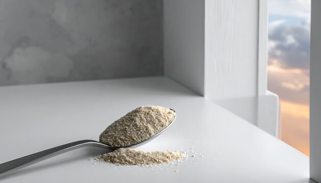 Spoon with powder on countertop surface.