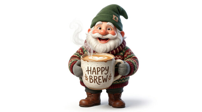 Cute gnome holding a giant coffee cup, cozy sweater, funny smiling face, premium 3D cartoon illustration, isolated on white background