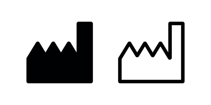 Manufacturer and Date of Manufacture Factory Symbols in Solid and Outline Styles for Product Labeling and Packaging