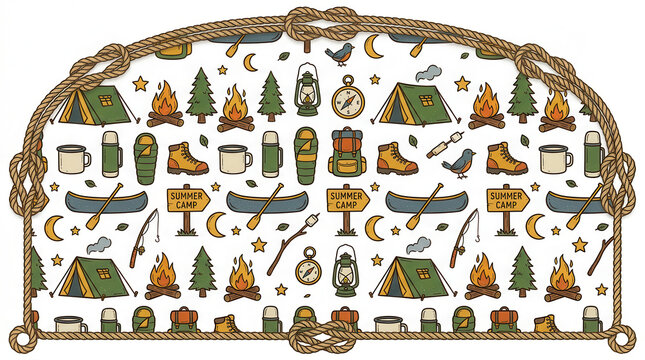 Outdoor Adventure Camping Icons Pattern with Rope Border