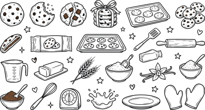 Baking chocolate chip cookies hand drawn doodle line art vector icons set for bakery menu and recipe design