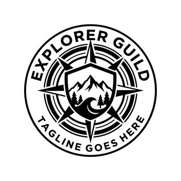 All-in-one explorer guild crest featuring a compass, mountains, and sea for outdoor clubs.