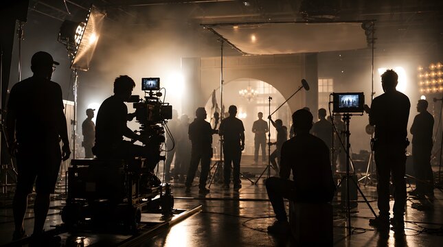 Professional film crew working on a movie set in a dark studio with bright lighting equipment.