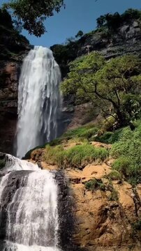 Water cascading over steep rock cliff face at Curug Cimarinjung waterfall in Ciletuh Geopark Sukabumi West Java Indonesia
