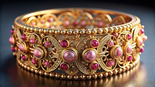Ornate gold bracelet with pink an f bef