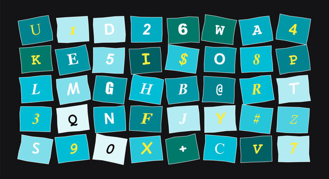 Teal paper collage with ransom note style letters and numbers scattered in a rectangular grid for modern graphic design.