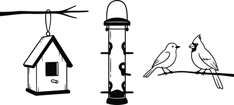 Black and White Bird Watching Icon Set with Hanging Birdhouse Seed Feeder Tube Songbird and Northern Cardinal Perched on Tree Branch