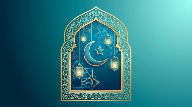 Islamic arch window with lanterns on teal background