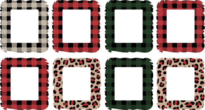 Eight decorative frames with buffalo plaid and leopard print borders in red Transparent Background
