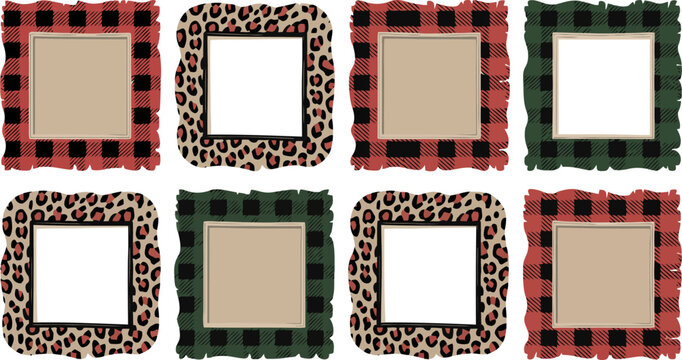 Eight decorative frames with buffalo plaid and leopard print borders in red Transparent Background