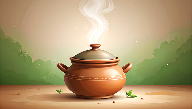 Traditional earthenware clay cooking pot steaming.
