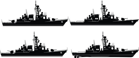 Naval warship silhouette collection, destroyer outline figure, military motif illustration, vessel icon art, defense design graphic, maritime posture symbol image © Anonto