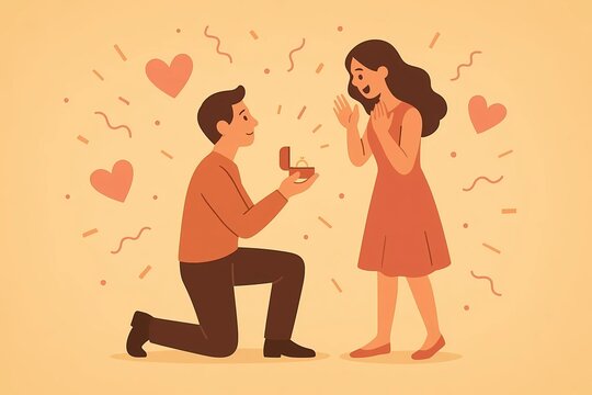 Man kneeling on one knee proposing to surprised woman with ring