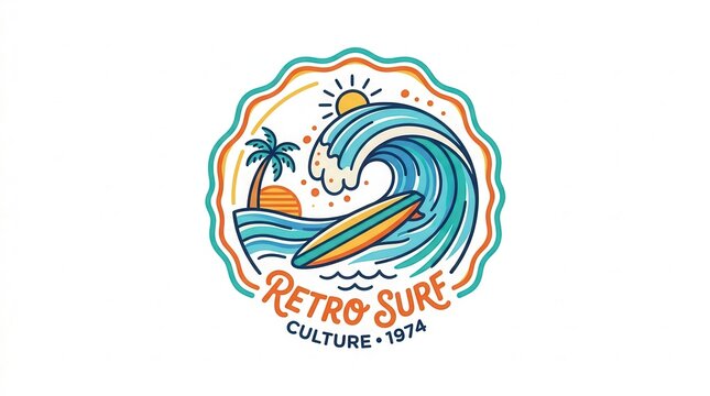 Retro surf logo with wave and palm tree