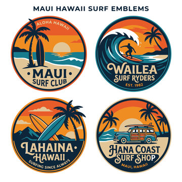 Retro Maui Hawaii Surf Emblems with Palm Trees and Ocean Waves