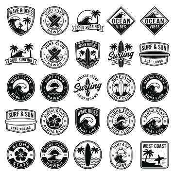 Vintage Surfing Emblems and Logos for Beach or Ocean Lifestyle Brands