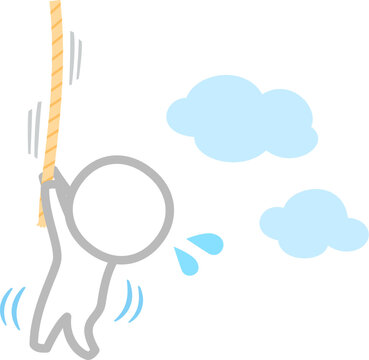 ロープにぶら下がって宙づりになっている人物のデフォルメイラスト