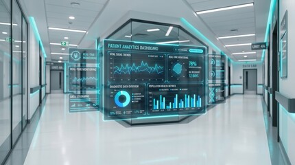 Obraz premium Futuristic holographic patient analytics dashboard display showing vital signs trends in hospital corridor