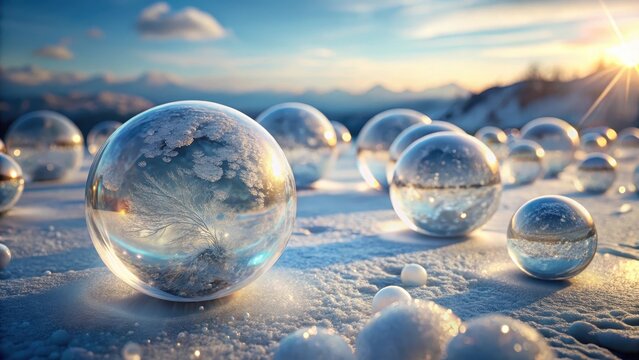 Frozen spheres suspended amidst crystalline silence on a pristine canvas of unblemished alabaster