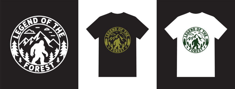 Legend of the forest bigfoot circular badge t-shirt design sasquatch mountain pine trees emblem retro cryptid outdoor graphic