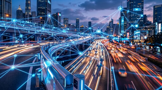 Futuristic smart city highway at dusk featuring light trails from busy traffic and a glowing blue digital network overlay representing smart connectivity, artificial intelligence,data infrastructure