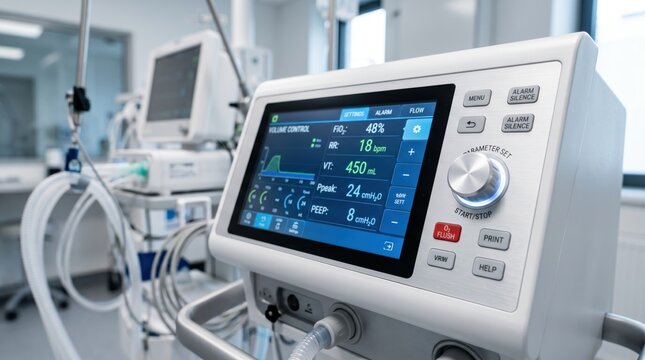 Modern medical ventilator monitor screen displaying vital signs, settings and parameters in an intensive care unit for respiratory support treatment