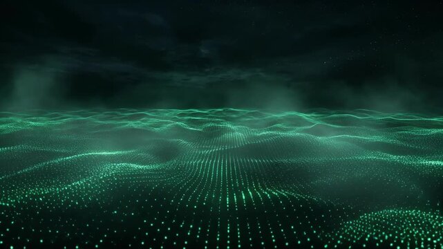 Glowing green digital wave grid under a dark starry sky