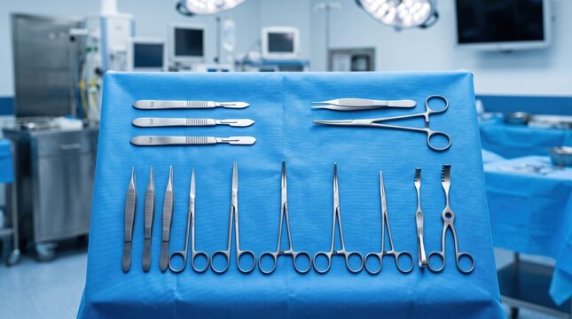 Sterile surgical instruments arranged on blue cloth tray in operating room, scalpels forceps and scissors ready for medical procedure