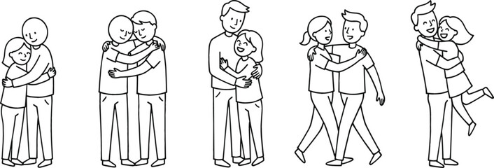 Naklejka premium Happy Couples and Friends Hugging Line Art Vector Icon Set with People Embracing in Various Poses for Relationship Love and Friendship Concepts