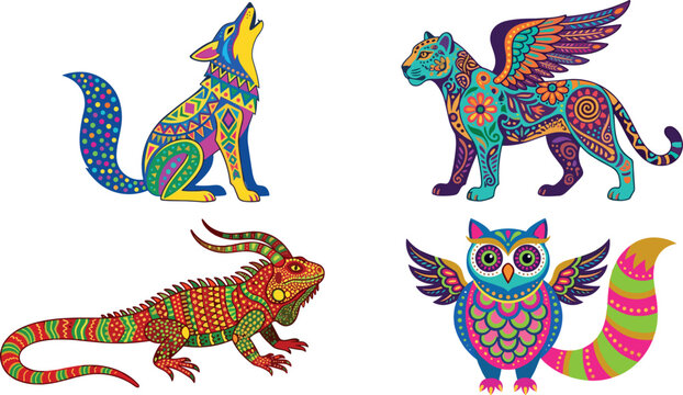 Colorful Alebrijes Folk Art Vector Illustration Set with Mythical Mexican Spirit Animals Including Wolf, Winged Jaguar, Iguana, and Owl for Cultural Festival Designs